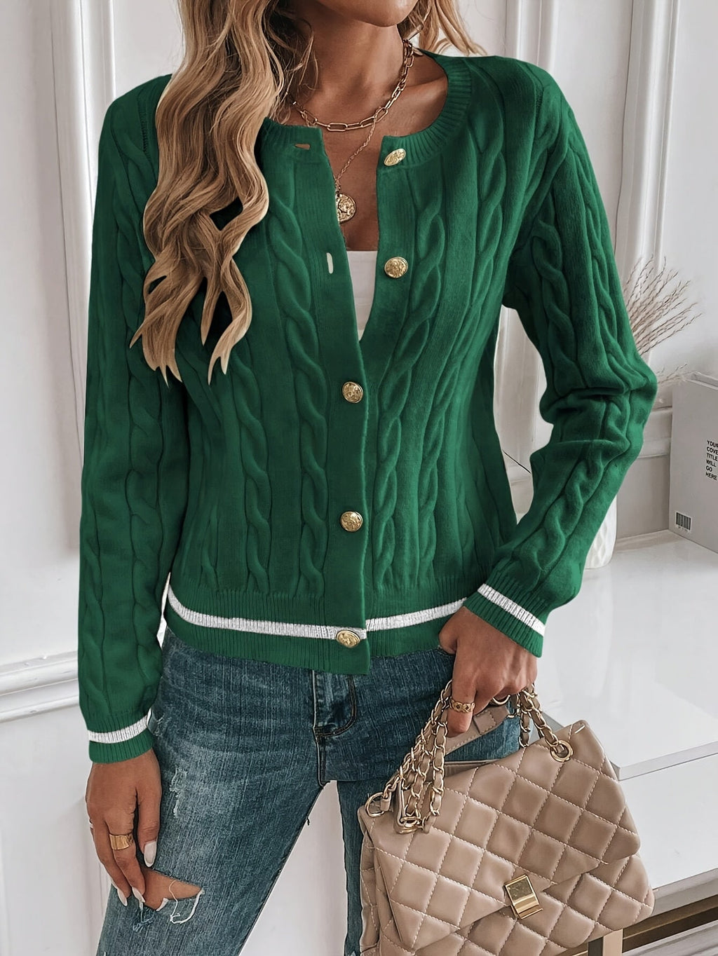 Yara – Button-Front Cable-Stitch Cardigan with Statement Buttons for Women