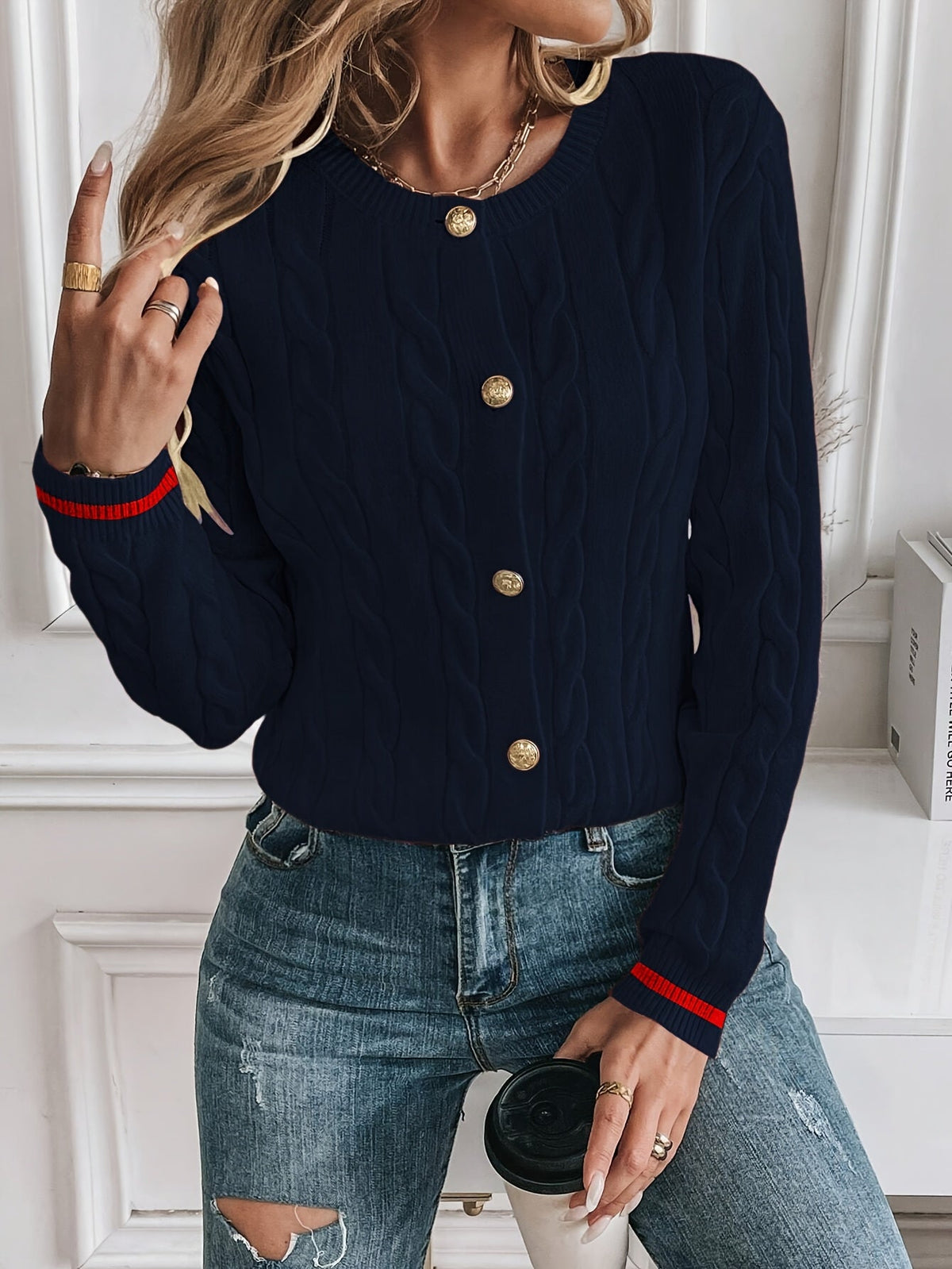 Yara – Button-Front Cable-Stitch Cardigan with Statement Buttons for Women