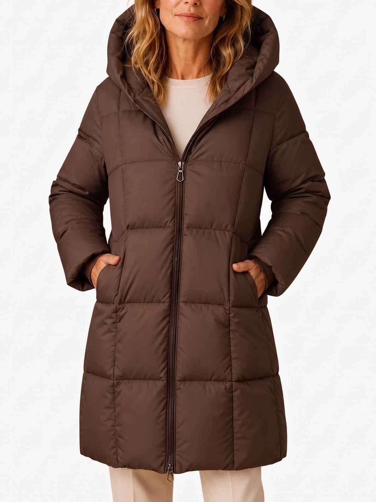 Avalon – Block-Quilted Hooded Longline Coat for Women