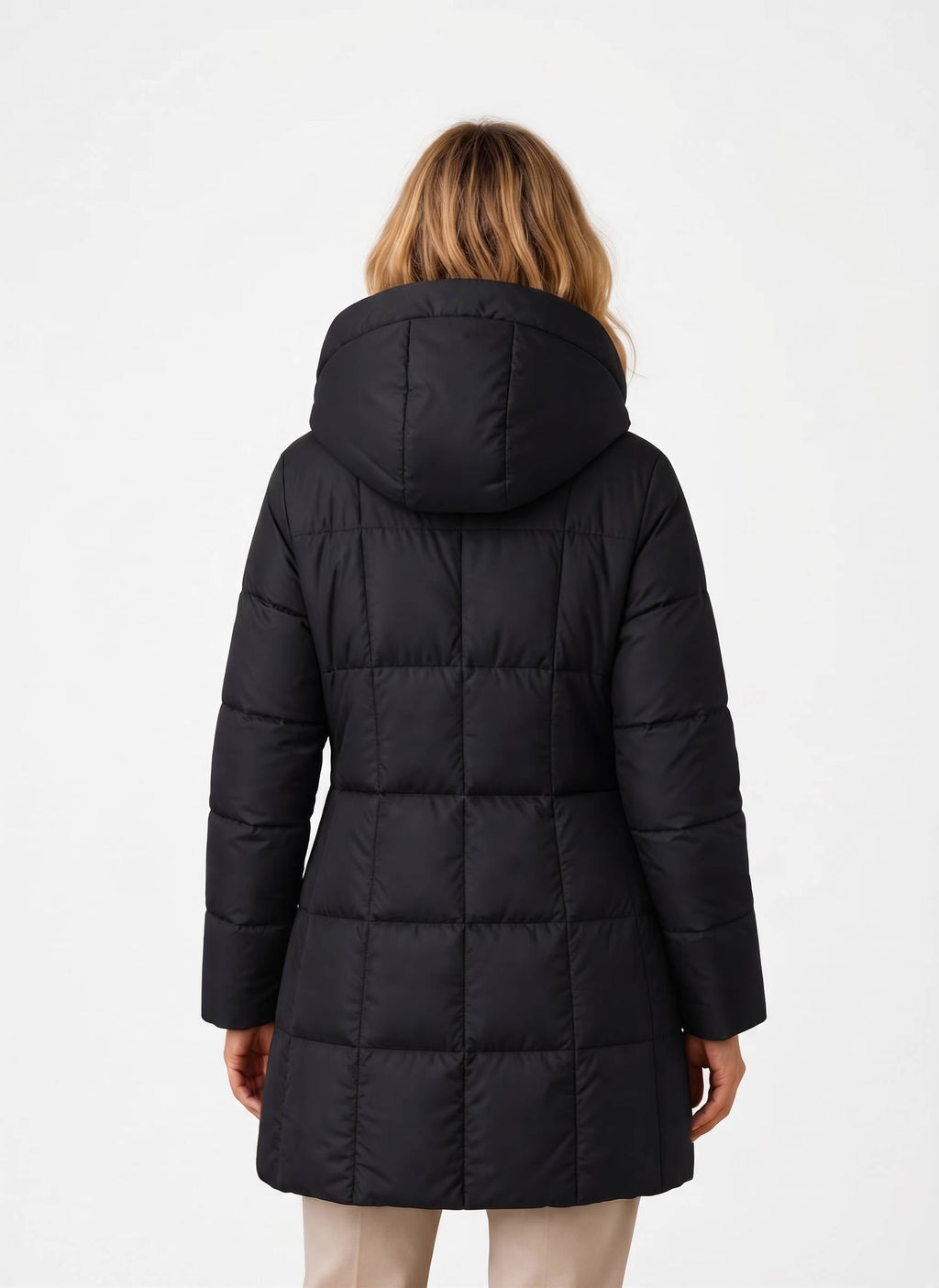Avalon – Block-Quilted Hooded Longline Coat for Women