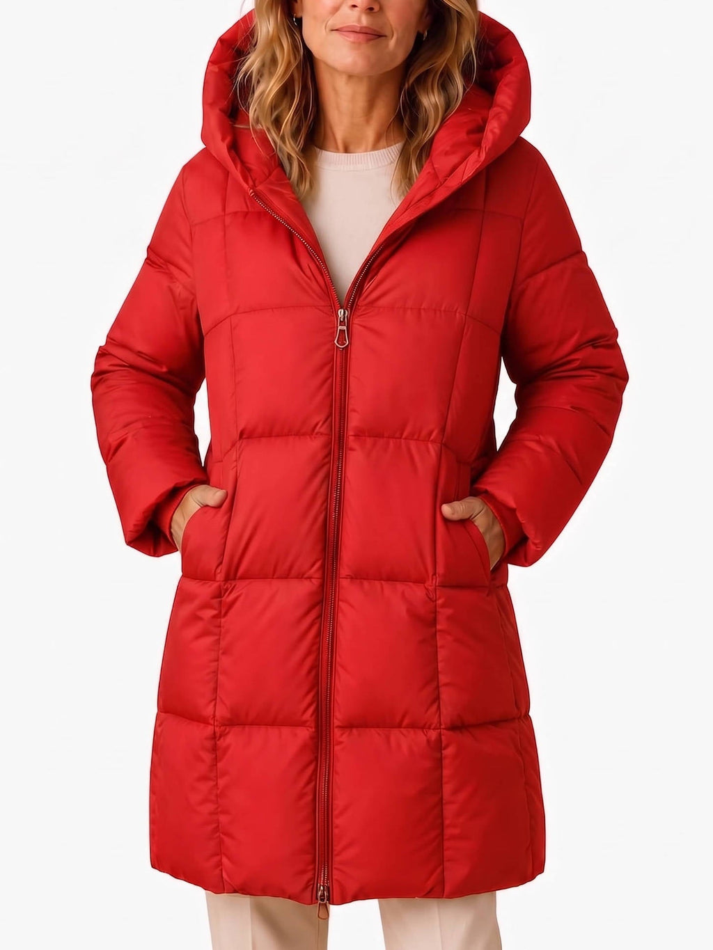 Avalon – Block-Quilted Hooded Longline Coat for Women