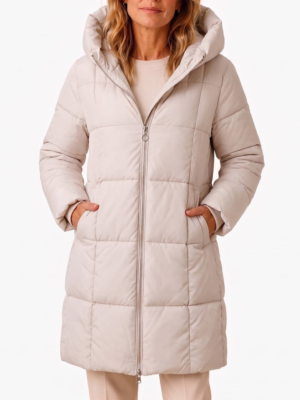 Avalon – Block-Quilted Hooded Longline Coat for Women