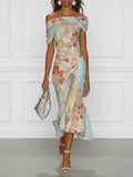 Vittoria | Midi Mermaid Dress Without Sleeves with Off-Shoulder and Blue Floral Pattern