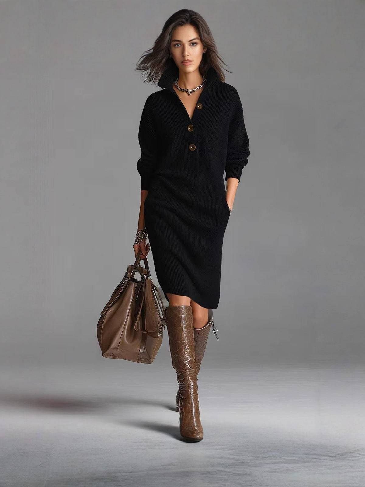 Heloise – Collared Button-Up Midi Sweater Dress for Women