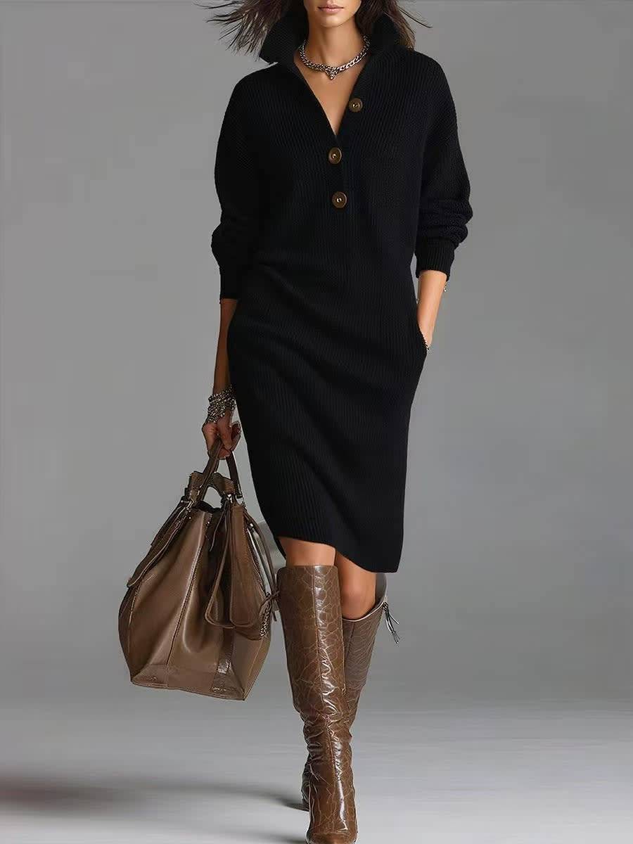 Heloise – Collared Button-Up Midi Sweater Dress for Women