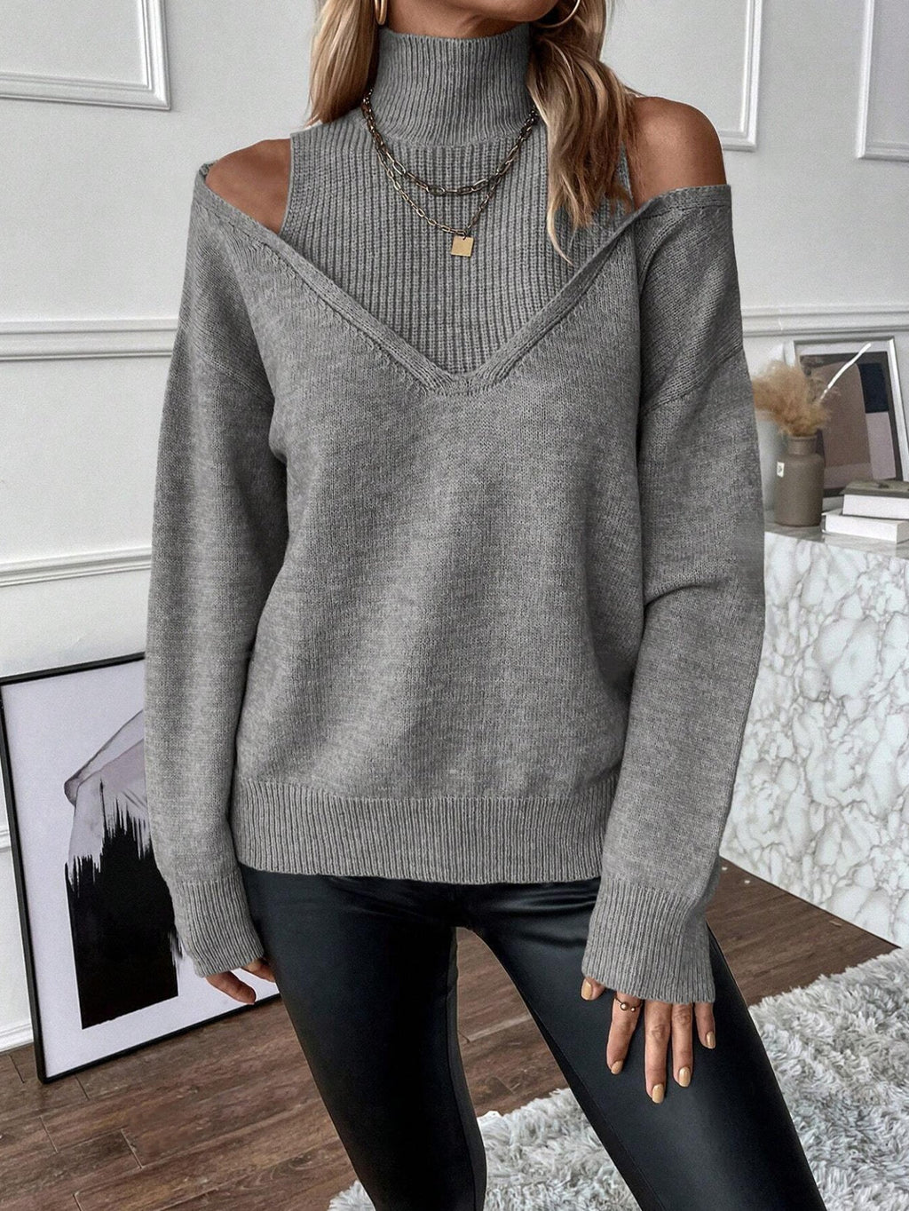 Madeleine – Layered Cutout Shoulder Turtleneck Sweater for Women