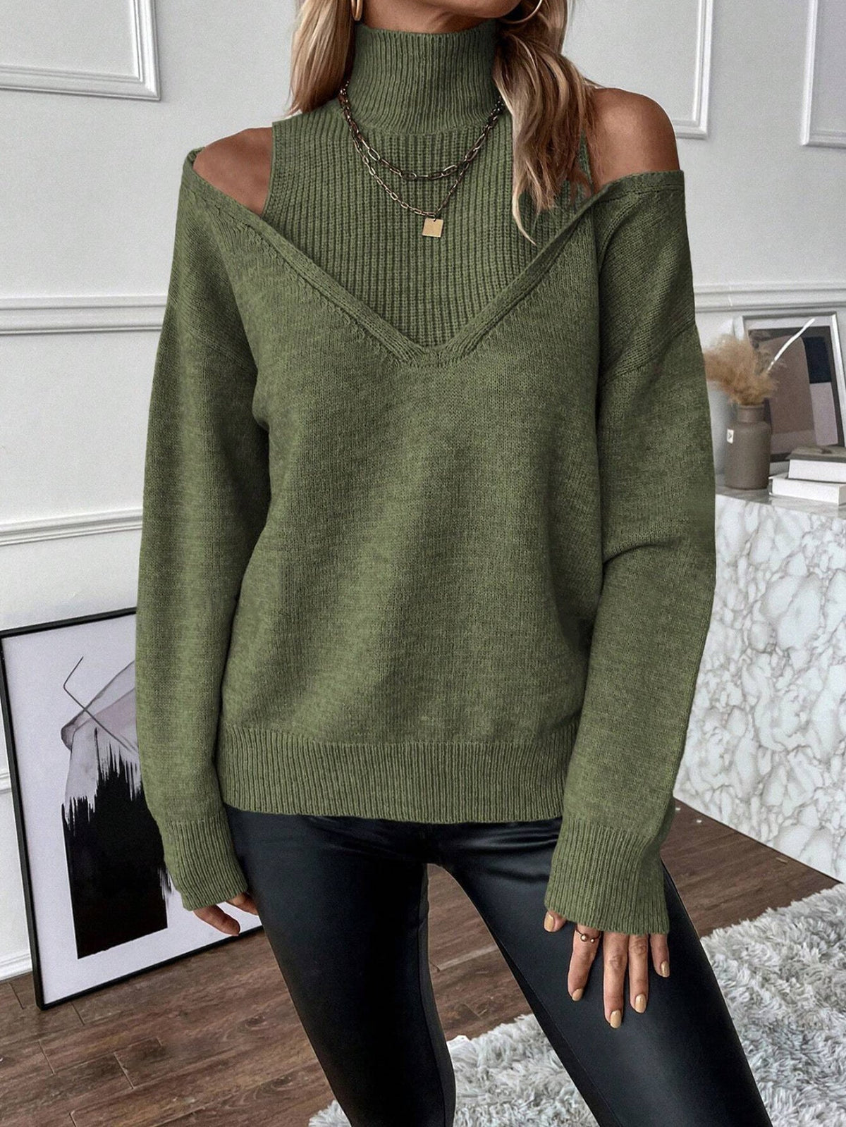 Madeleine – Layered Cutout Shoulder Turtleneck Sweater for Women