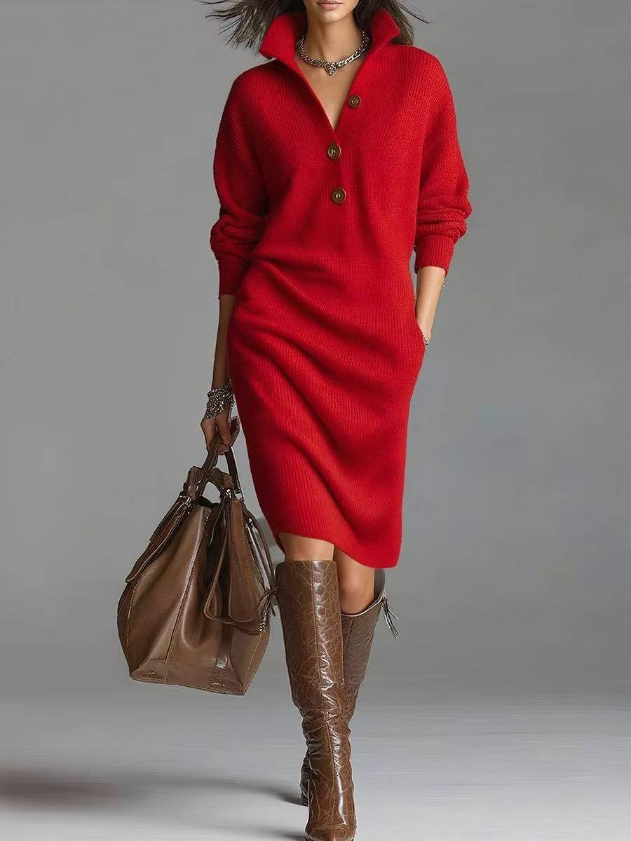 Heloise – Collared Button-Up Midi Sweater Dress for Women