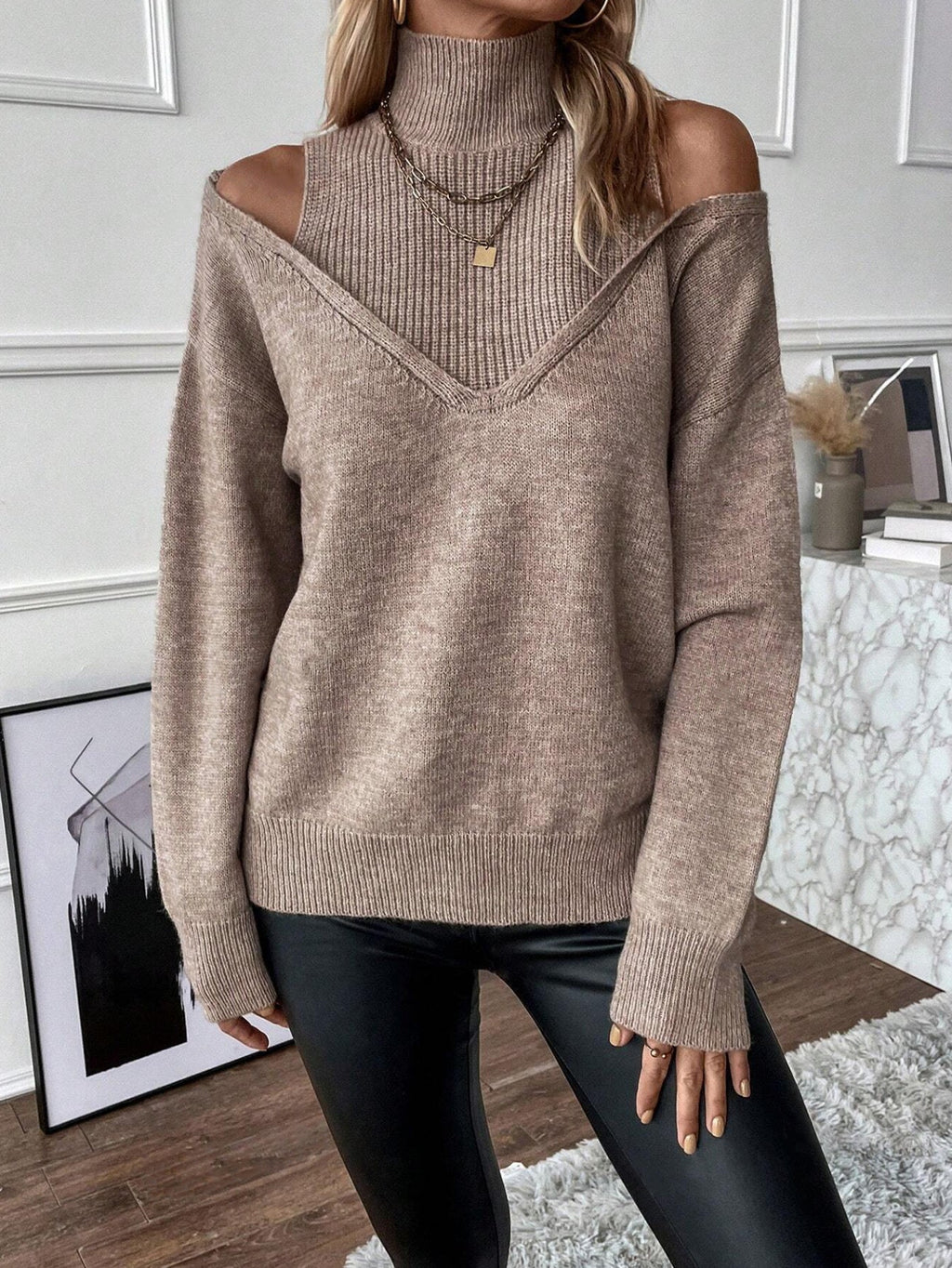Madeleine – Layered Cutout Shoulder Turtleneck Sweater for Women