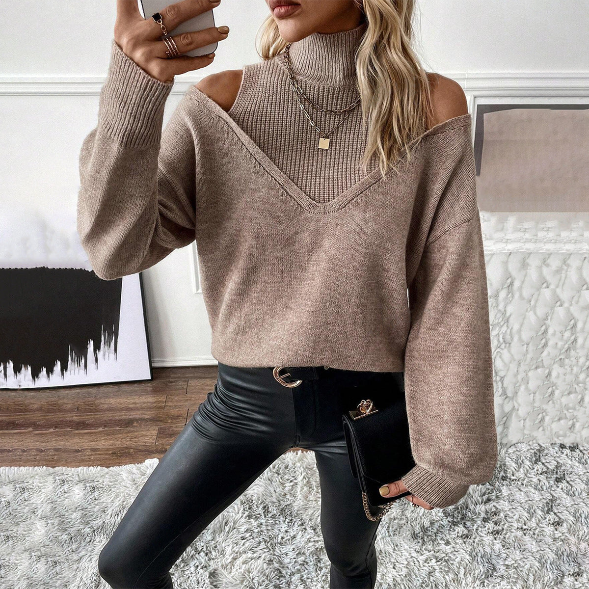Madeleine – Layered Cutout Shoulder Turtleneck Sweater for Women