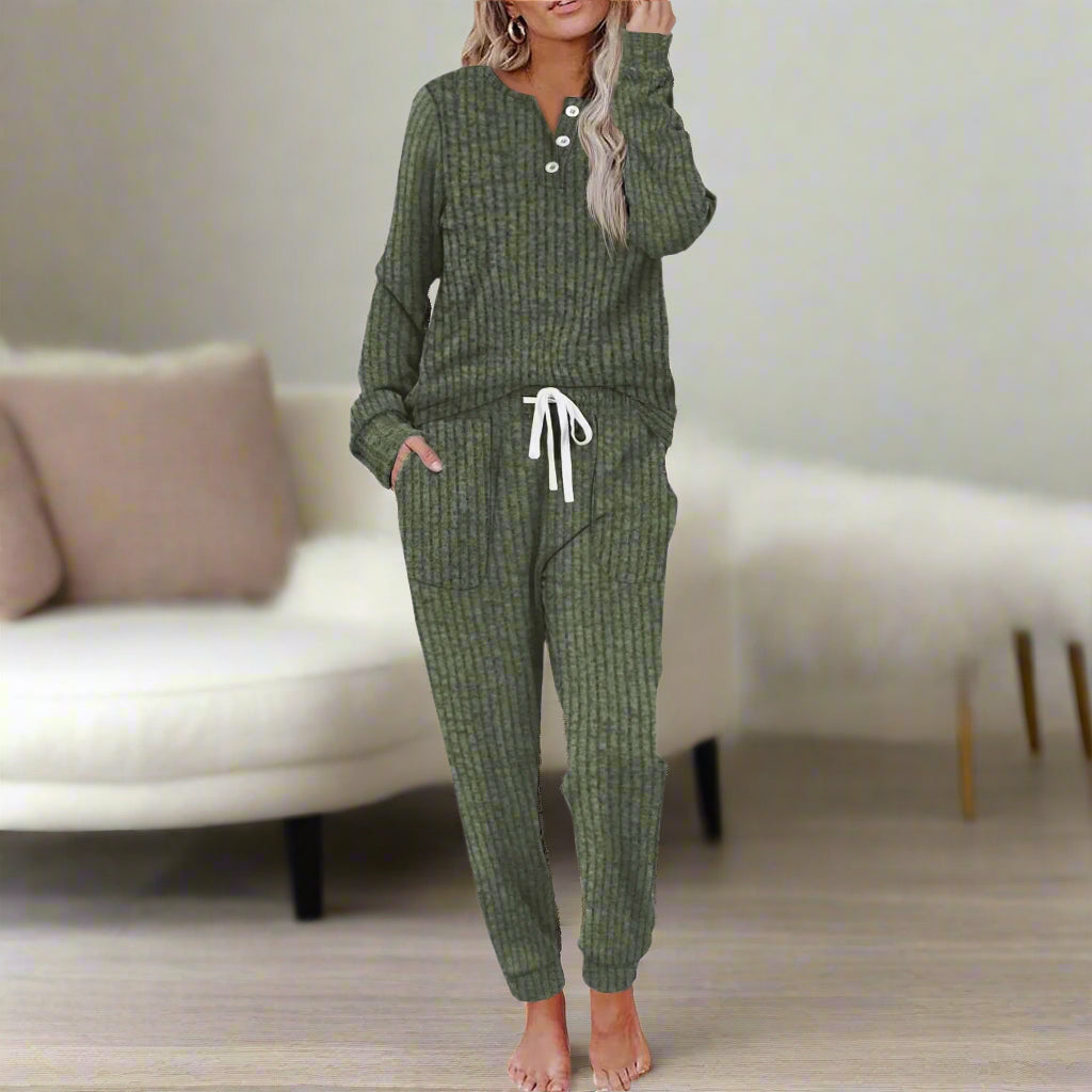 Lillian – Drawstring Ribbed Henley Lounge Set for Women