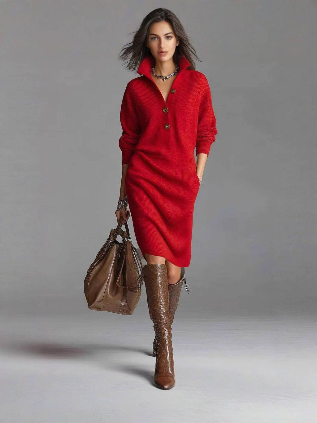 Heloise – Collared Button-Up Midi Sweater Dress for Women