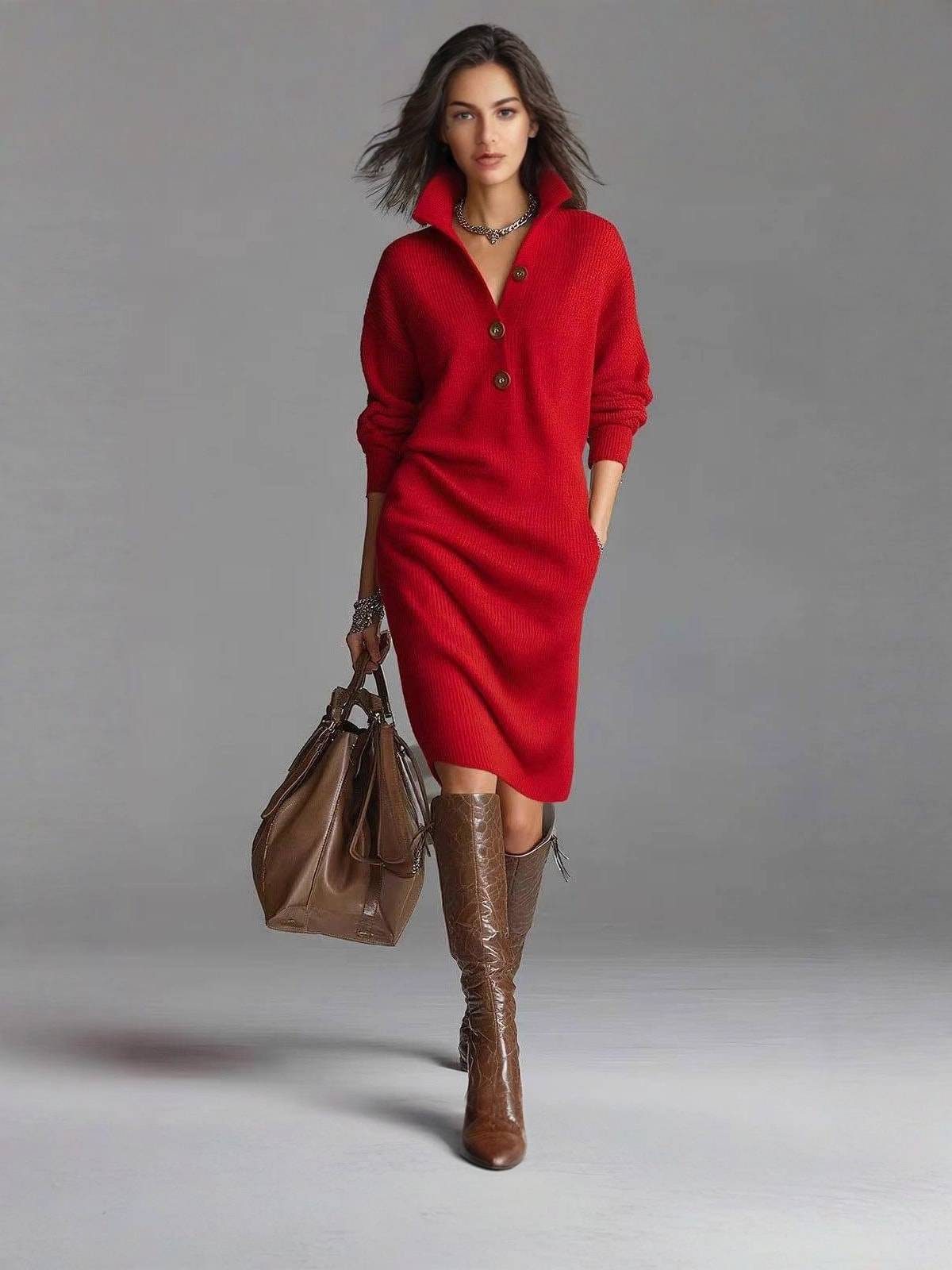 Heloise – Collared Button-Up Midi Sweater Dress for Women