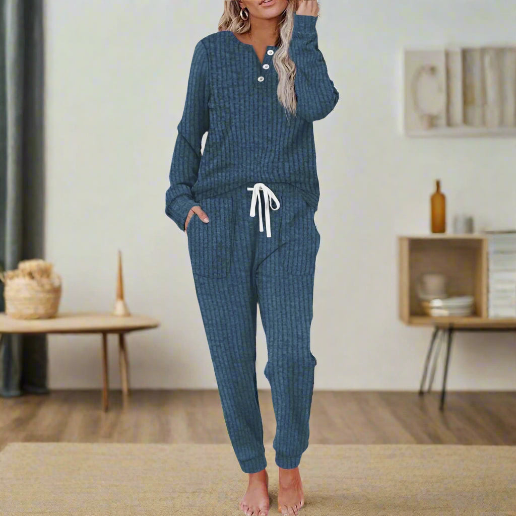 Lillian – Drawstring Ribbed Henley Lounge Set for Women