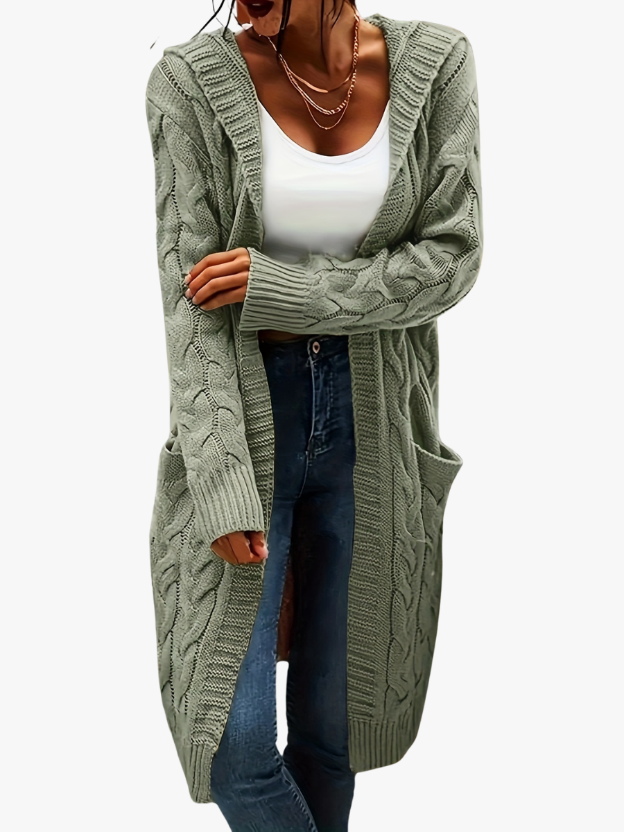 Roxanne – Longline Cable-Stitch Cardigan with Patch Pockets for Women