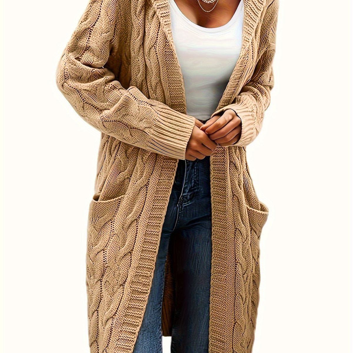 Roxanne – Longline Cable-Stitch Cardigan with Patch Pockets for Women