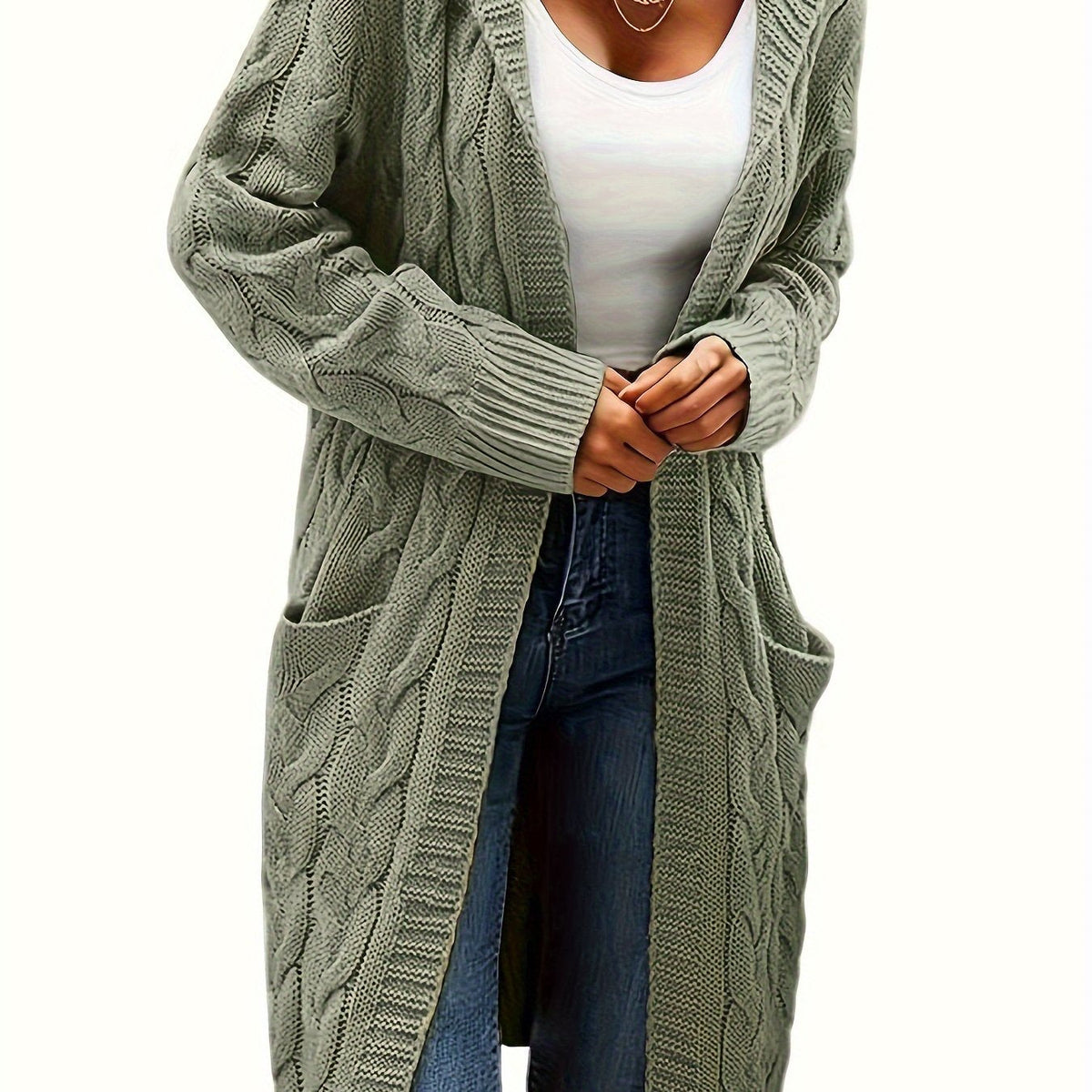 Roxanne – Longline Cable-Stitch Cardigan with Patch Pockets for Women