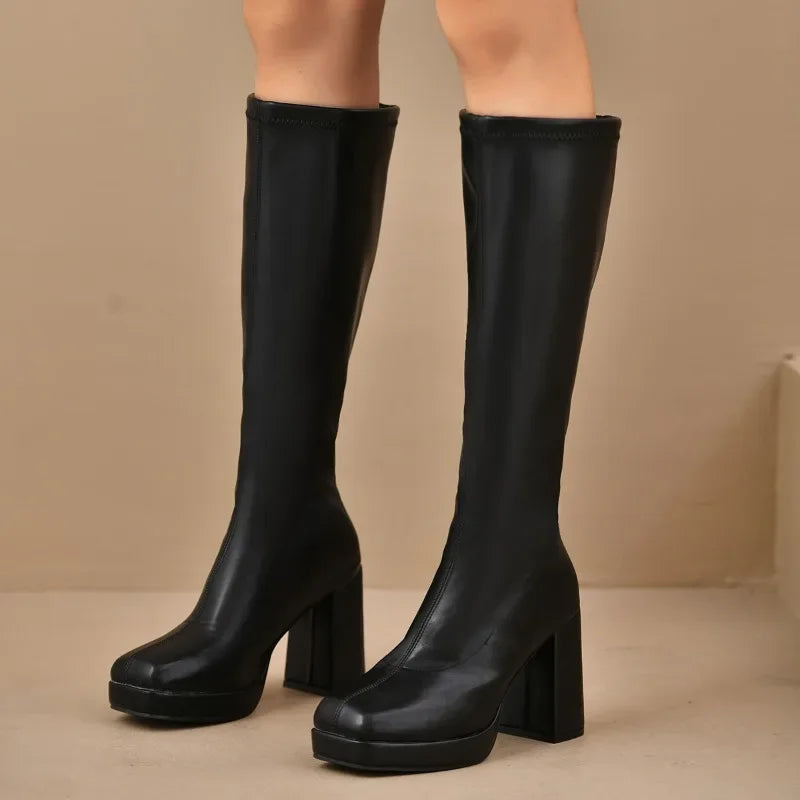 Ariane – Women's Pull-On Tall Platform Boots with Block Heel