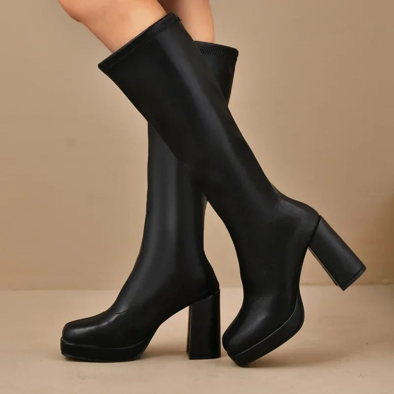 Ariane – Women's Pull-On Tall Platform Boots with Block Heel