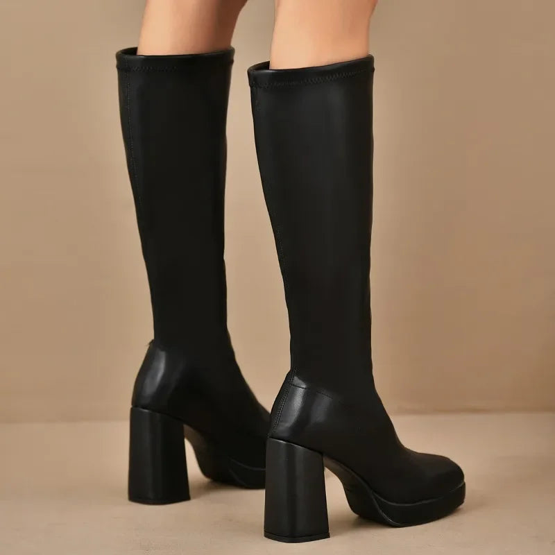 Ariane – Women's Pull-On Tall Platform Boots with Block Heel