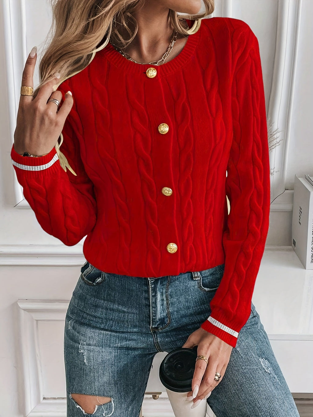 Yara – Button-Front Cable-Stitch Cardigan with Statement Buttons for Women