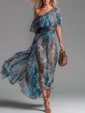Wild | Long chiffon dress with leopard print and bare shoulders