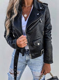 Damen Kunstleder-Bikerjacke mit Schrägzipper und Gürtel - Schwarz