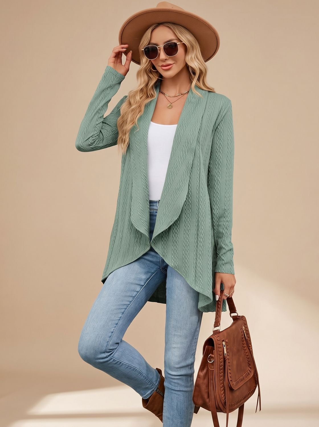 Damen Langarm Strickjacke Offene Front Kabelstruktur Hüftlang - Hellgrün