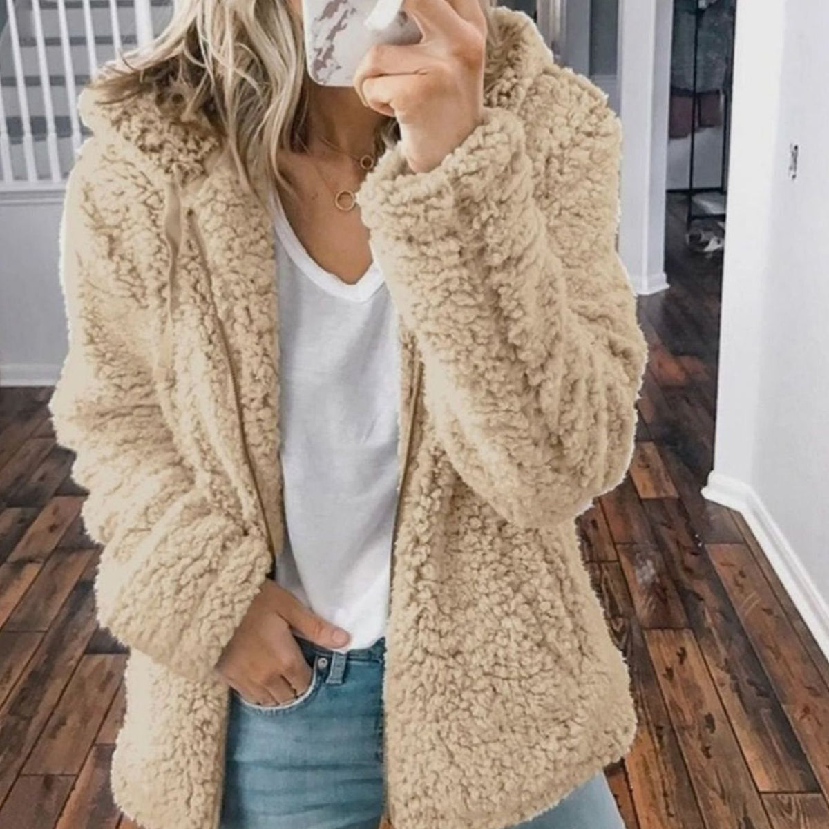 Damen Oversized Teddy-Mantel mit Kapuze und Reißverschluss - Beige
