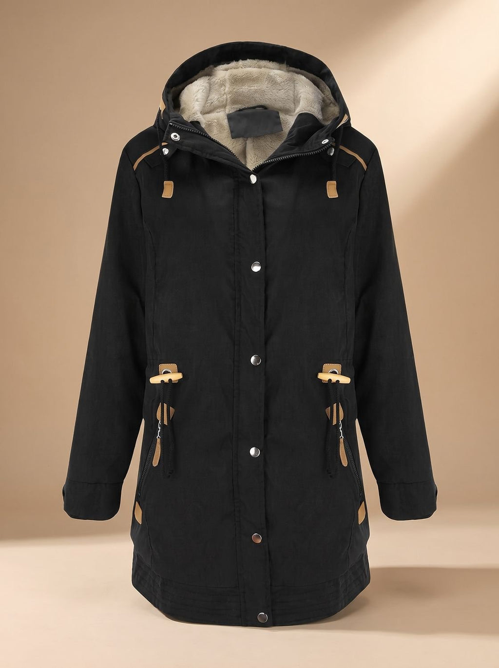 Damen Winterparka mit Fleece-Kapuze und taillierter Schnürung - Schwarz