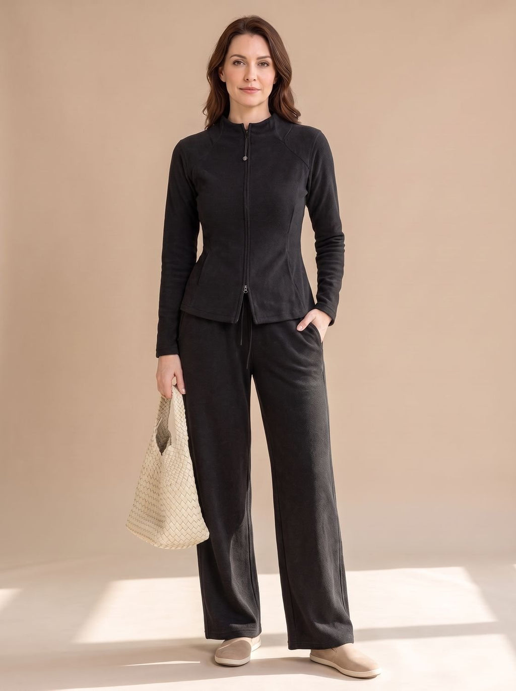 Damen Zweiteiliges Strick-Set Reißverschluss-Jacke Weite Hose, Black - Schwarz
