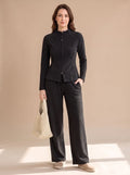 Damen Zweiteiliges Strick-Set Reißverschluss-Jacke Weite Hose, Black - Schwarz