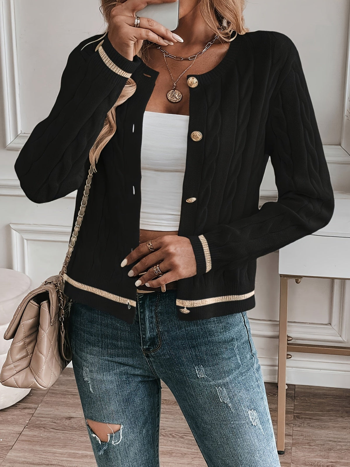 Yara – Button-Front Cable-Stitch Cardigan with Statement Buttons for Women