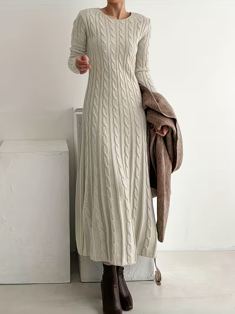 Deanna – Women's Round Neck Cable Maxi Sweater Dress with Long Sleeves