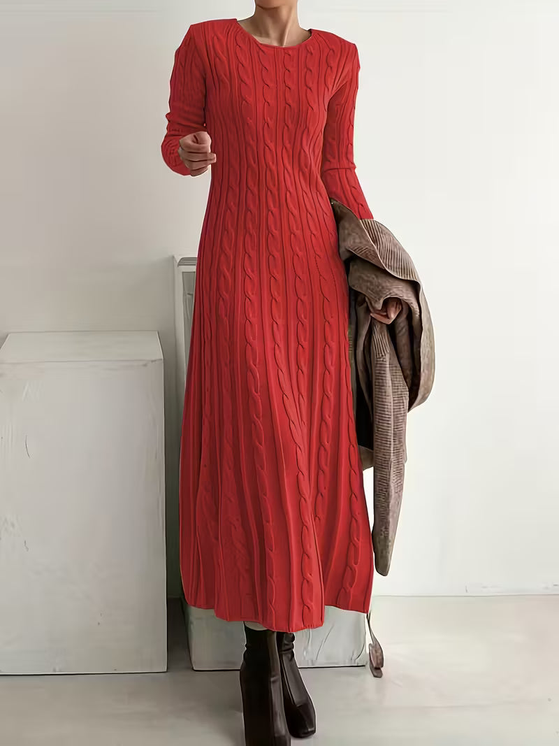 Deanna – Women's Round Neck Cable Maxi Sweater Dress with Long Sleeves