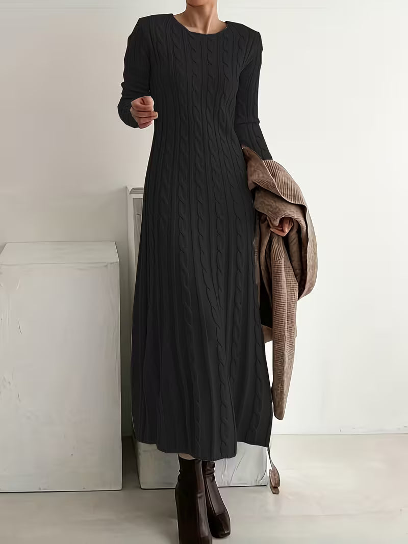 Deanna – Women's Round Neck Cable Maxi Sweater Dress with Long Sleeves