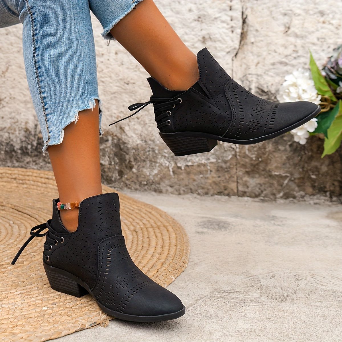 Cutout Detail Block Heel Ankle Boots for Women - View 15