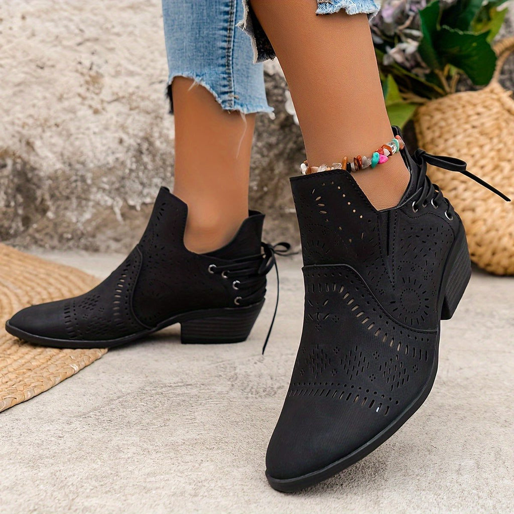 Cutout Detail Block Heel Ankle Boots for Women - Black
