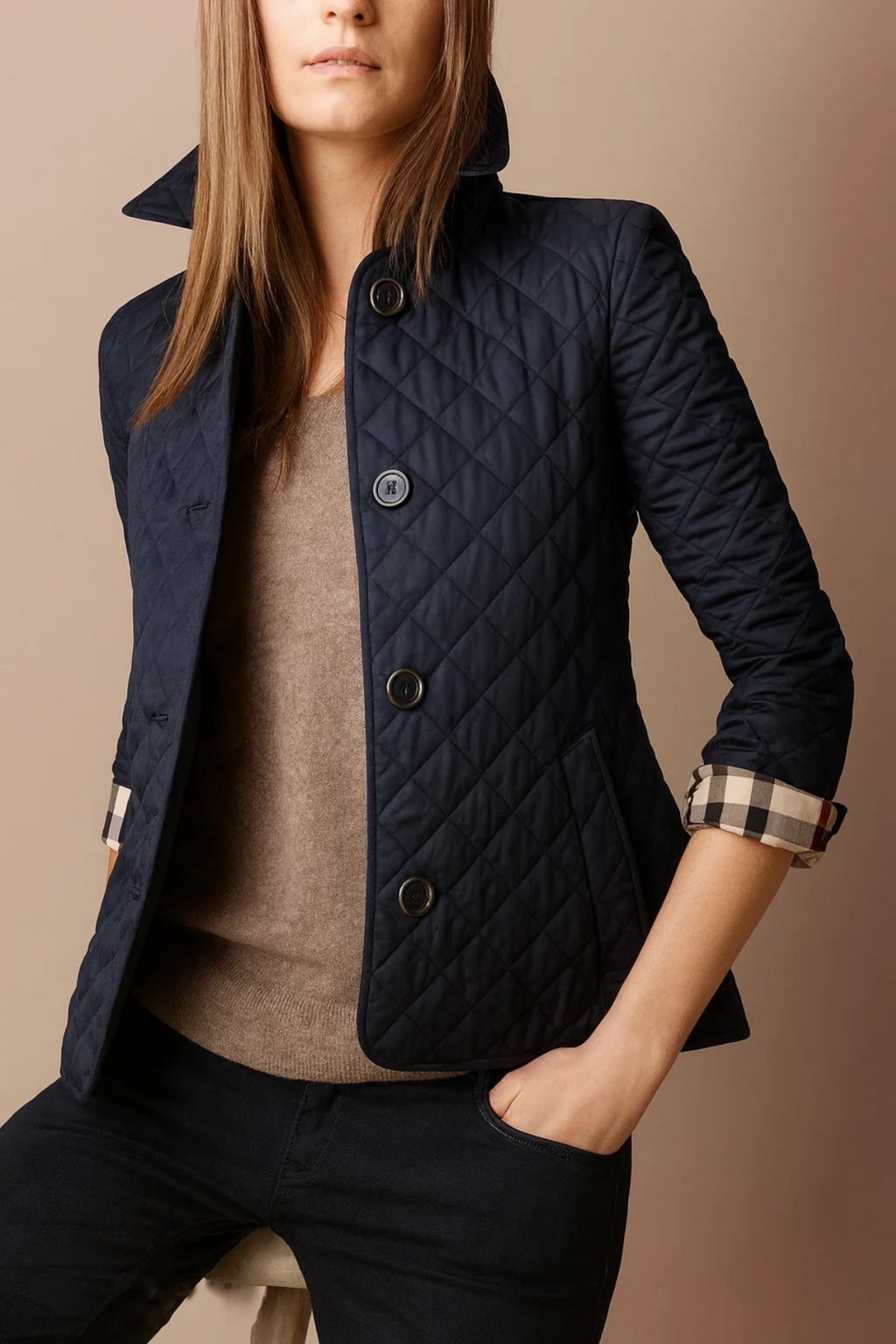 Berenice – Diamond-Quilted Jacket with Plaid-Lined Cuffs for Women