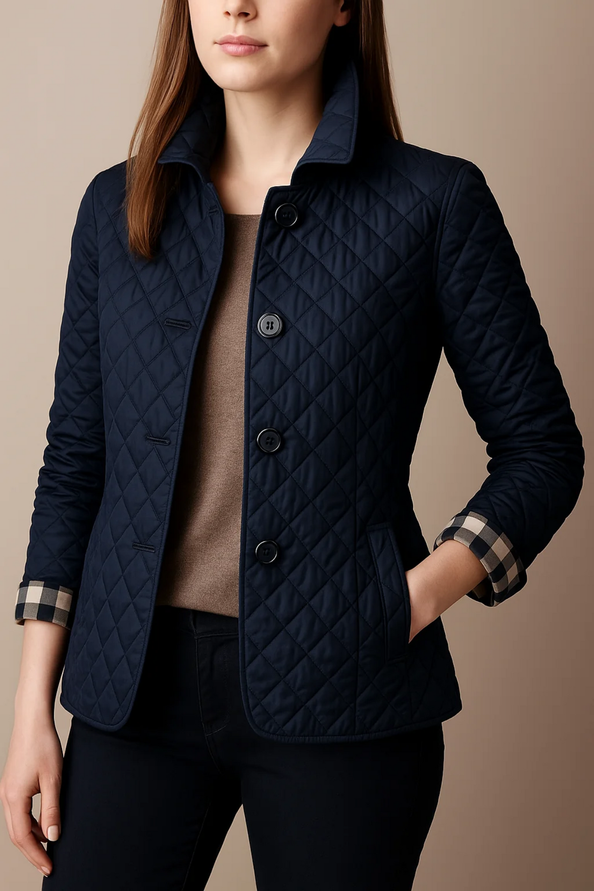 Berenice – Diamond-Quilted Jacket with Plaid-Lined Cuffs for Women