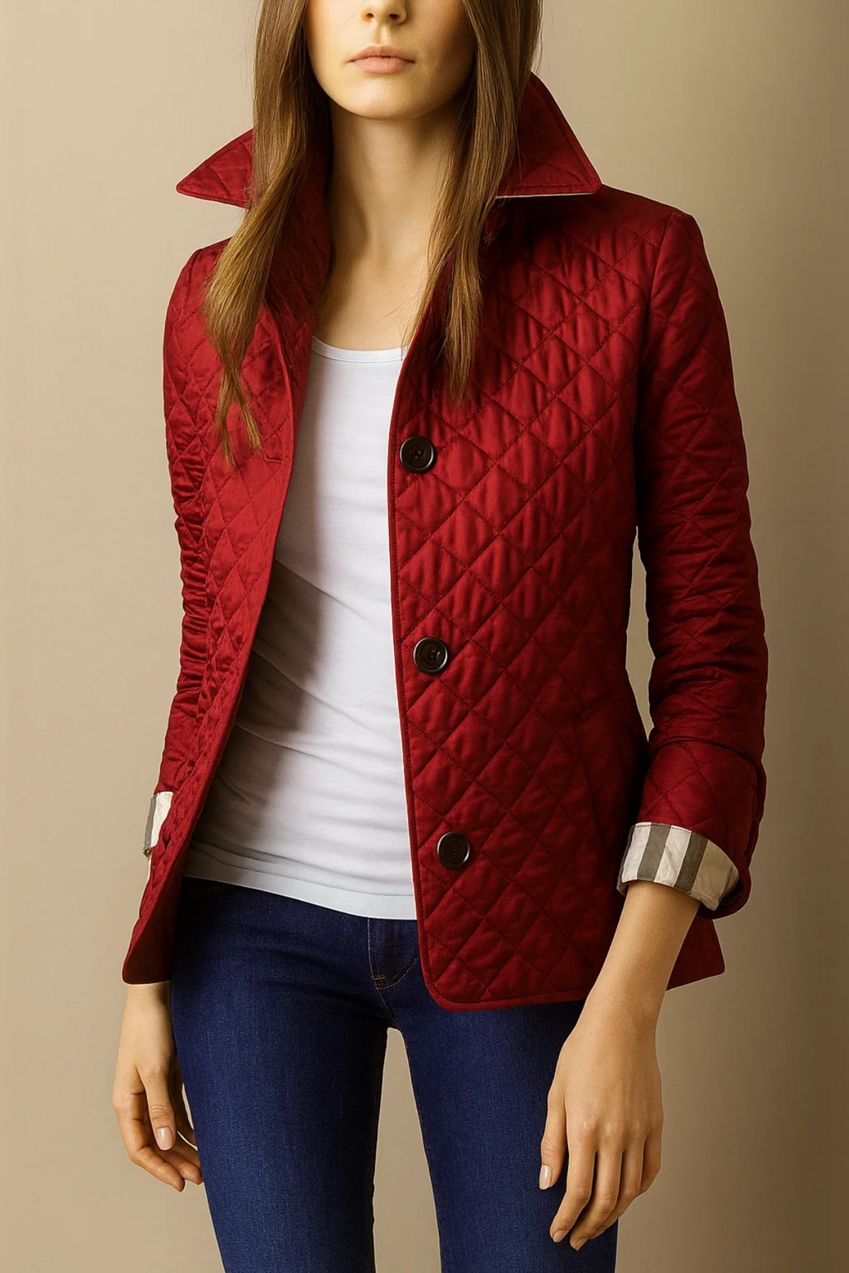 Berenice – Diamond-Quilted Jacket with Plaid-Lined Cuffs for Women