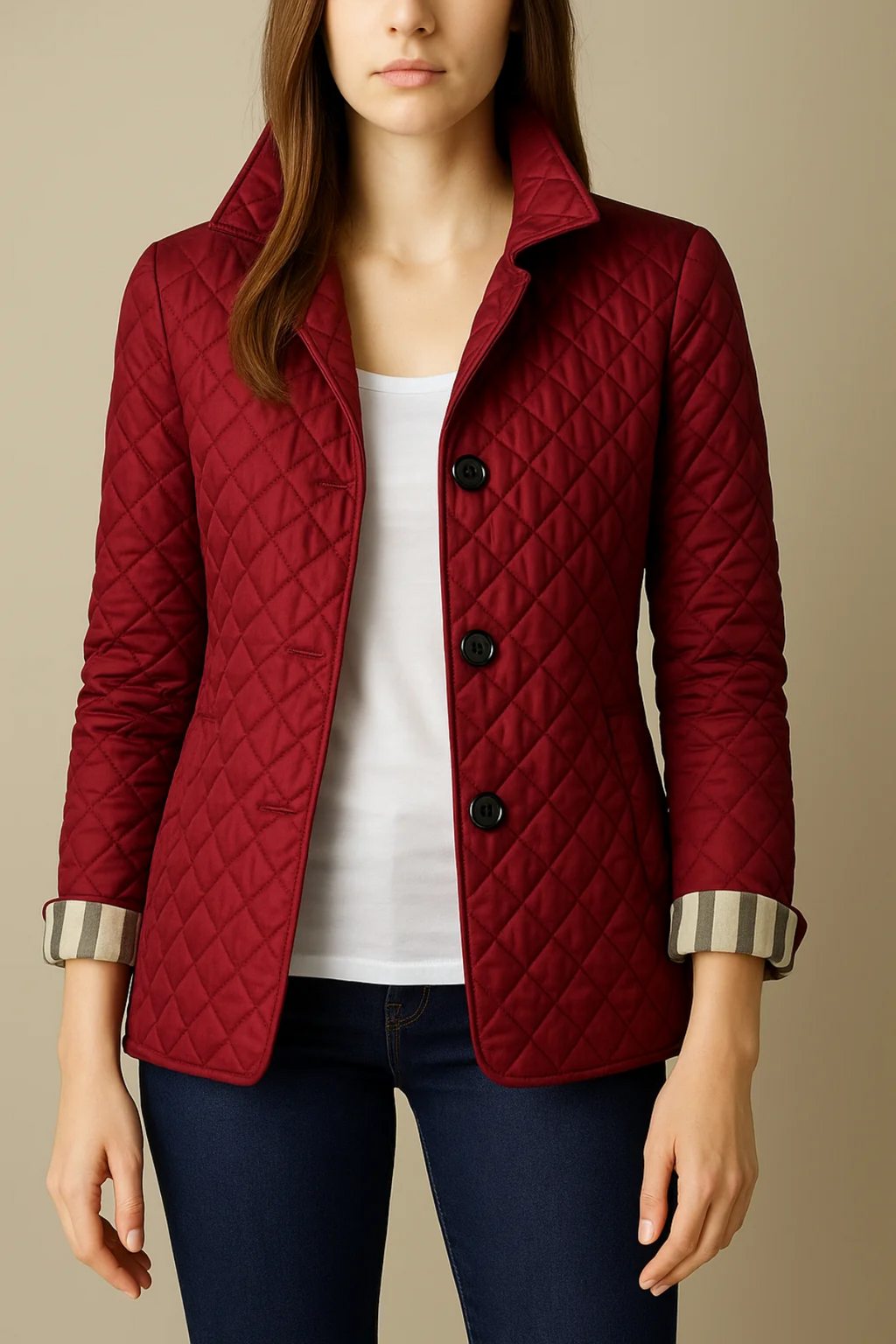 Berenice – Diamond-Quilted Jacket with Plaid-Lined Cuffs for Women