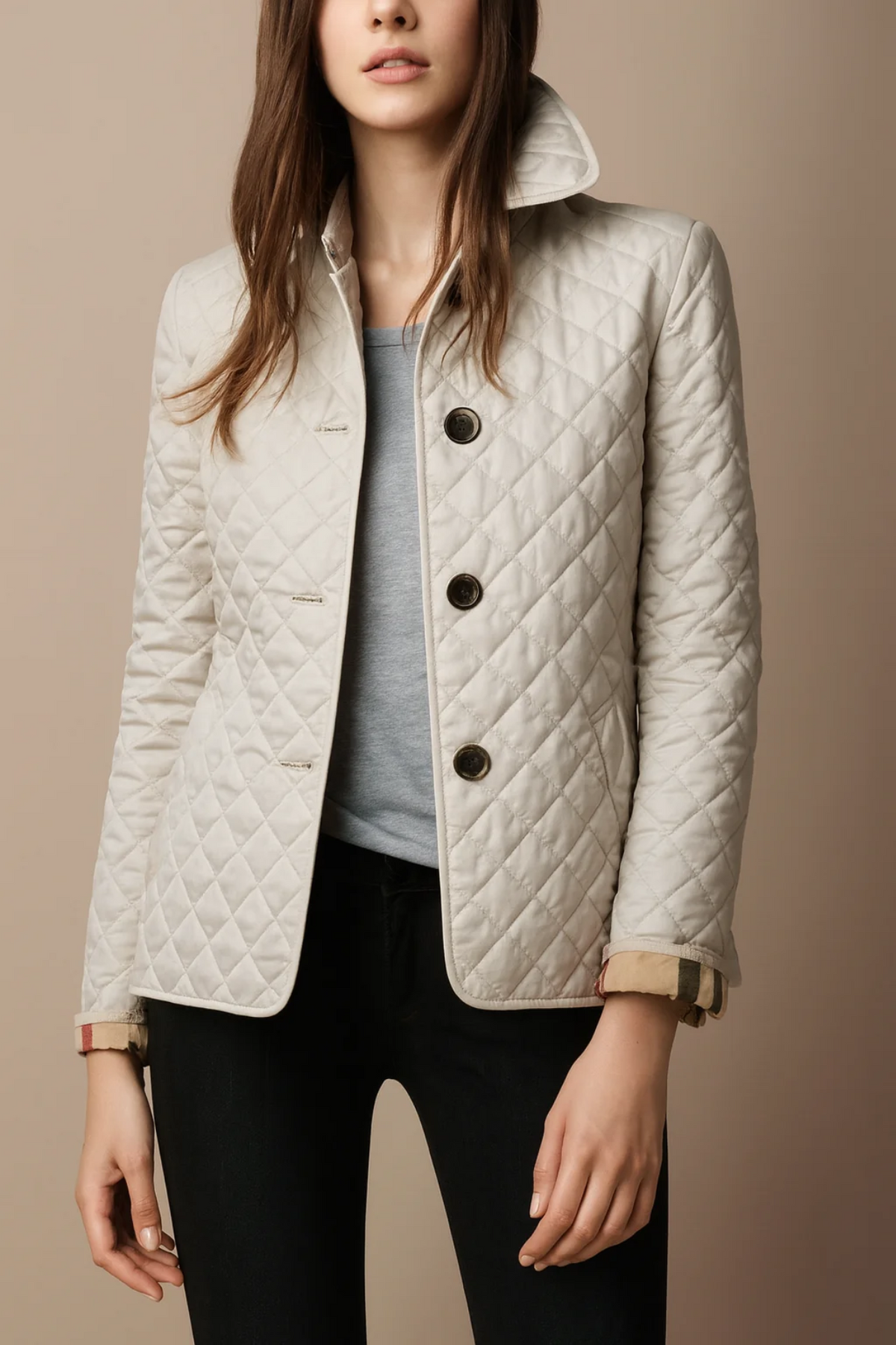 Berenice – Diamond-Quilted Jacket with Plaid-Lined Cuffs for Women
