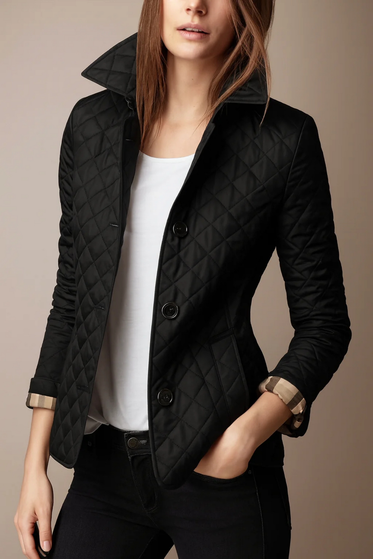 Berenice – Diamond-Quilted Jacket with Plaid-Lined Cuffs for Women