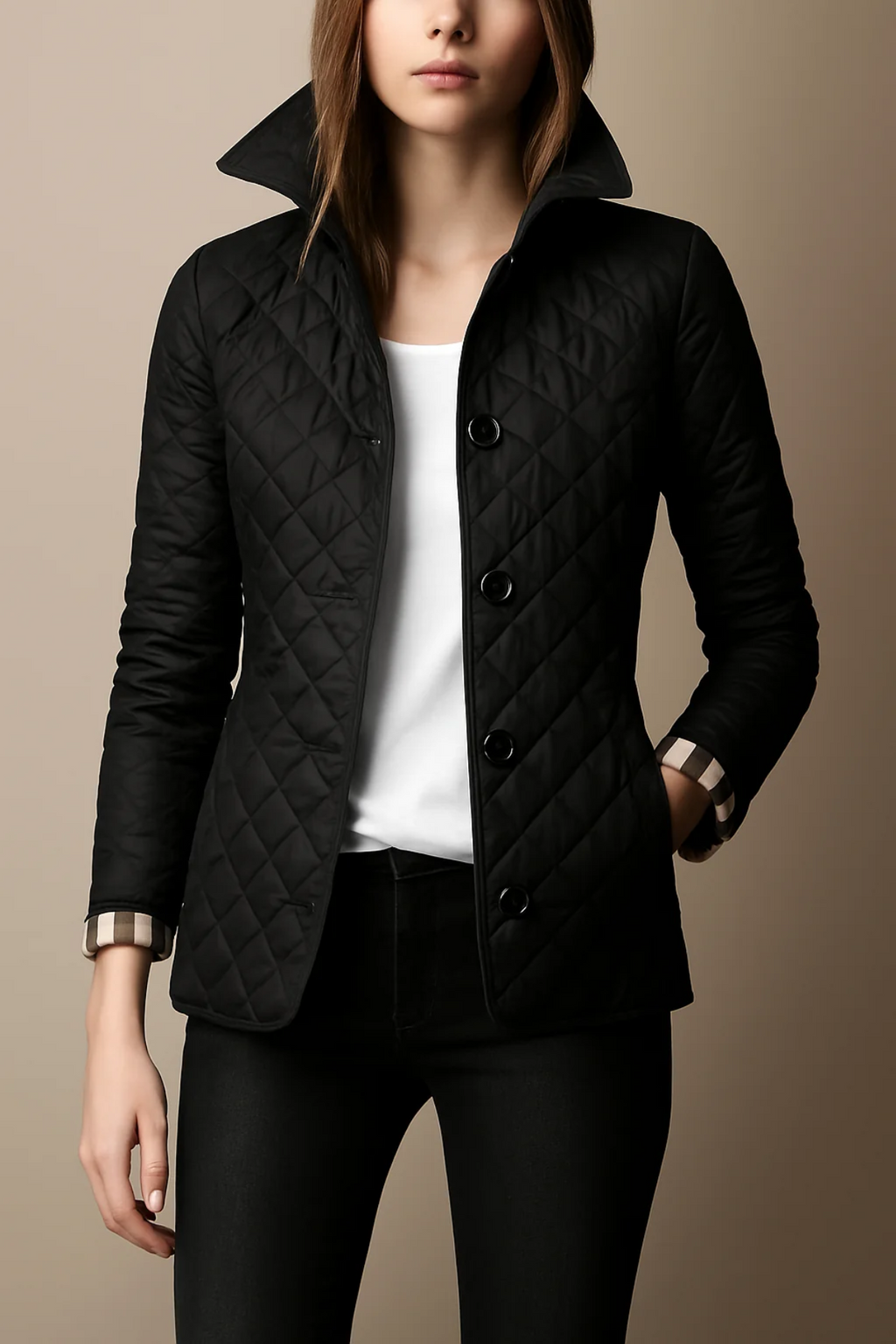 Berenice – Diamond-Quilted Jacket with Plaid-Lined Cuffs for Women