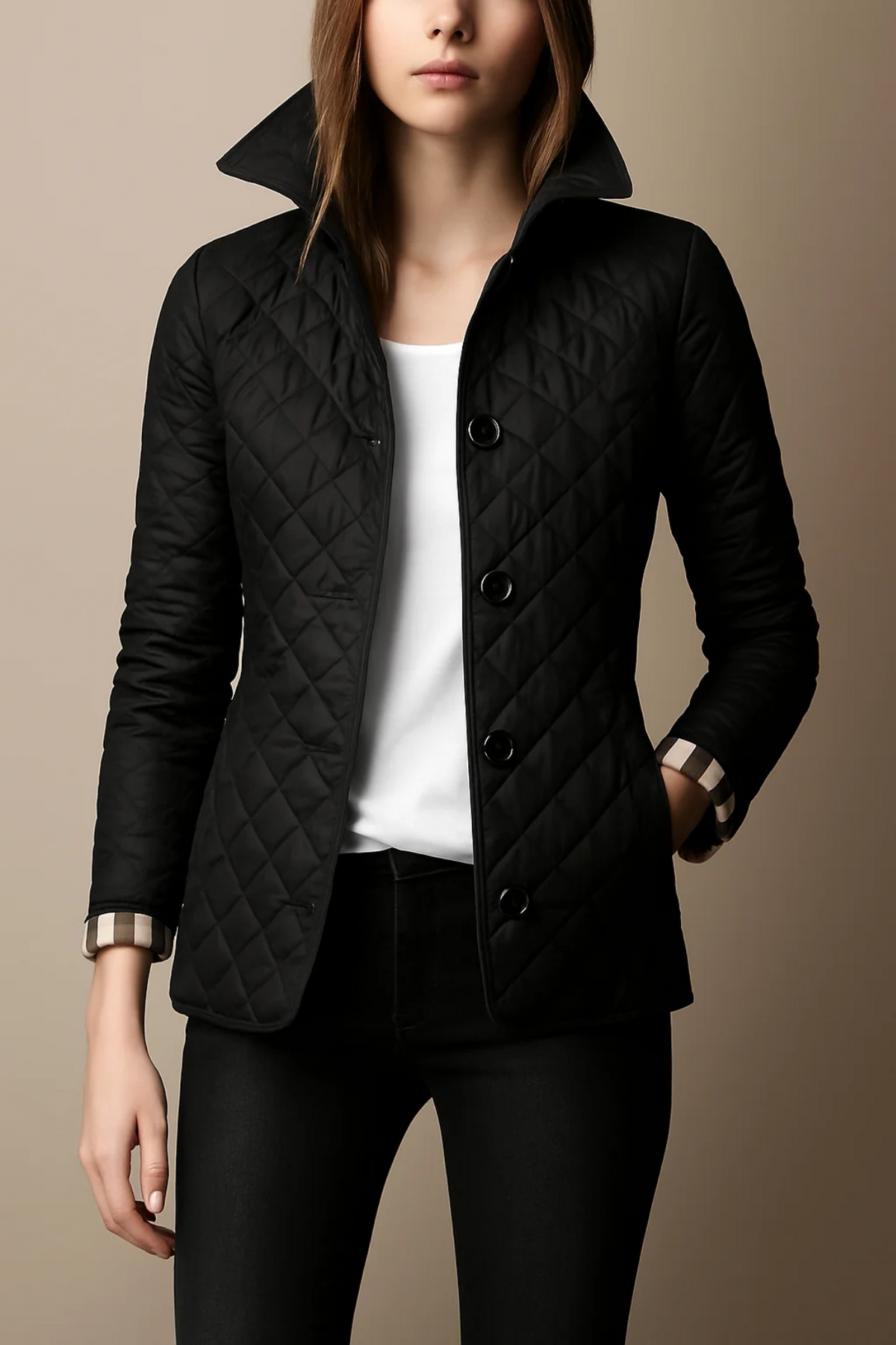 Berenice – Diamond-Quilted Jacket with Plaid-Lined Cuffs for Women