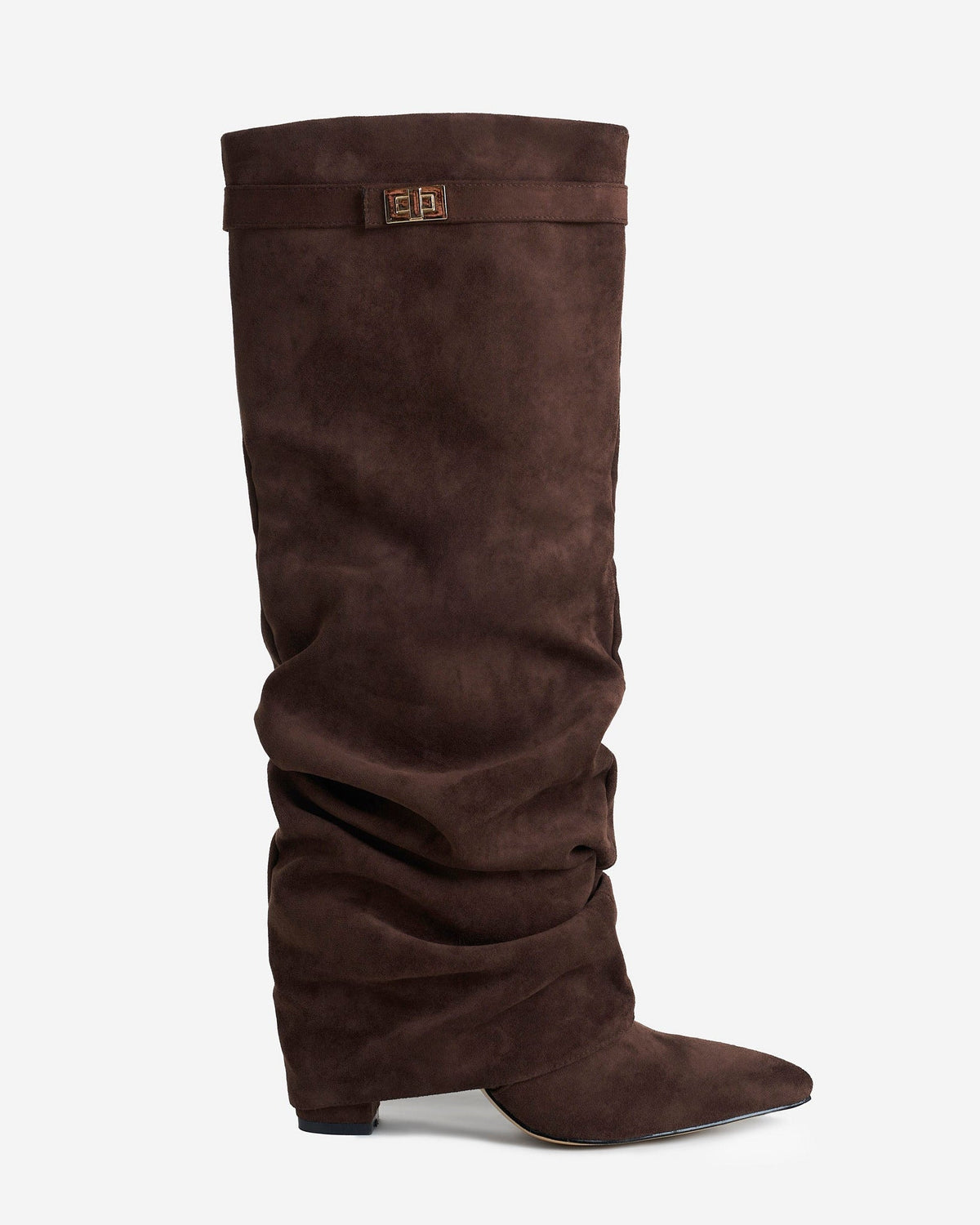 Women's dark brown slouchy knee-high boots with pointed toes and low heels