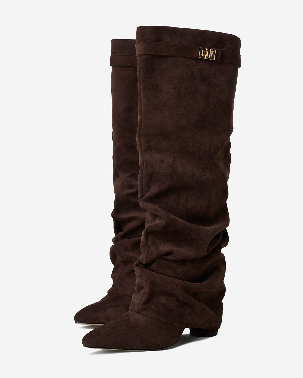 Women's dark brown slouchy knee-high boots with pointed toes and low heels