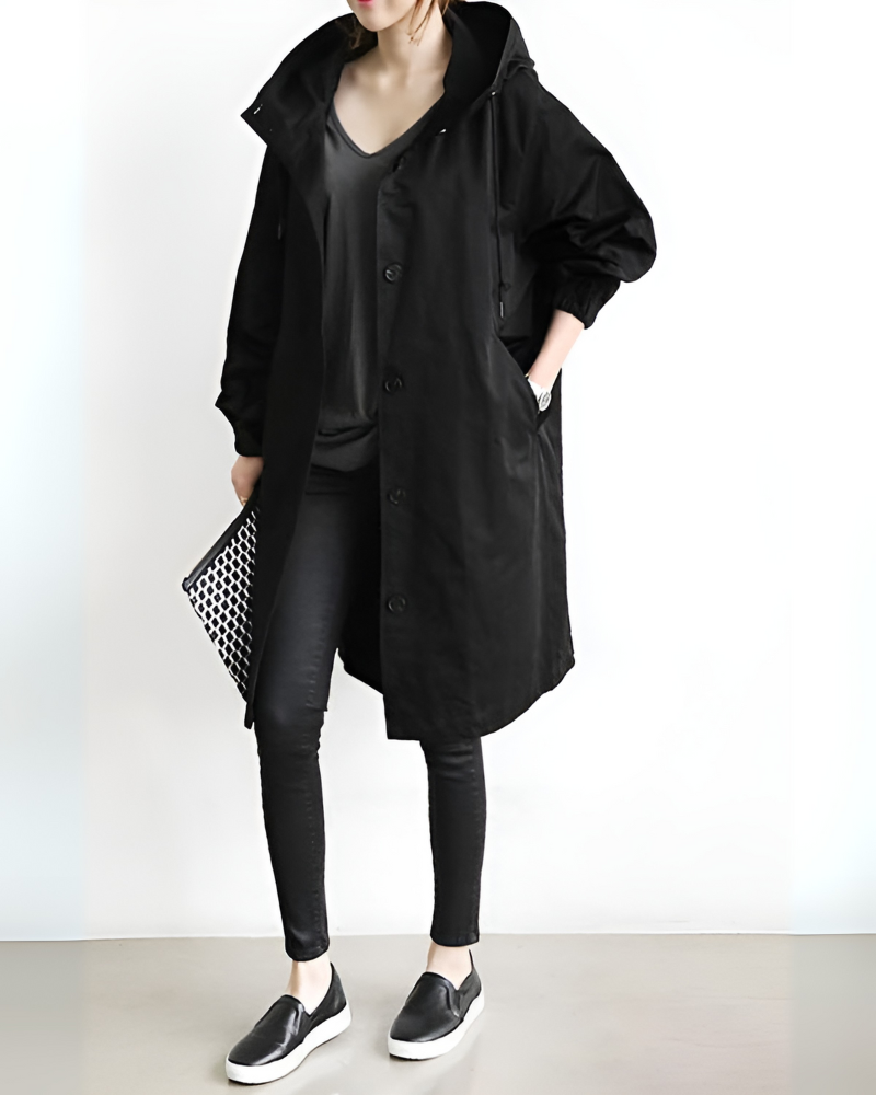 Eve – Women's Knee-Length Hooded Coat with Drawstring Waist