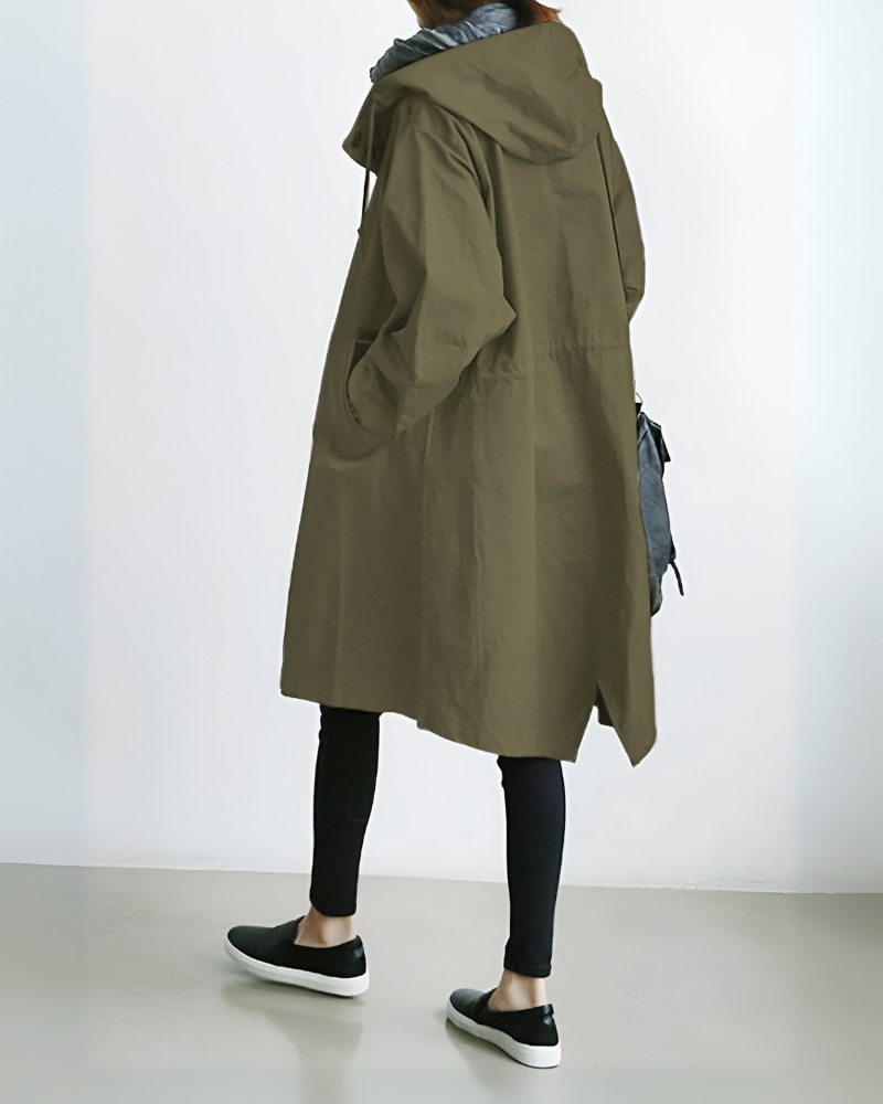 Eve – Women's Knee-Length Hooded Coat with Drawstring Waist